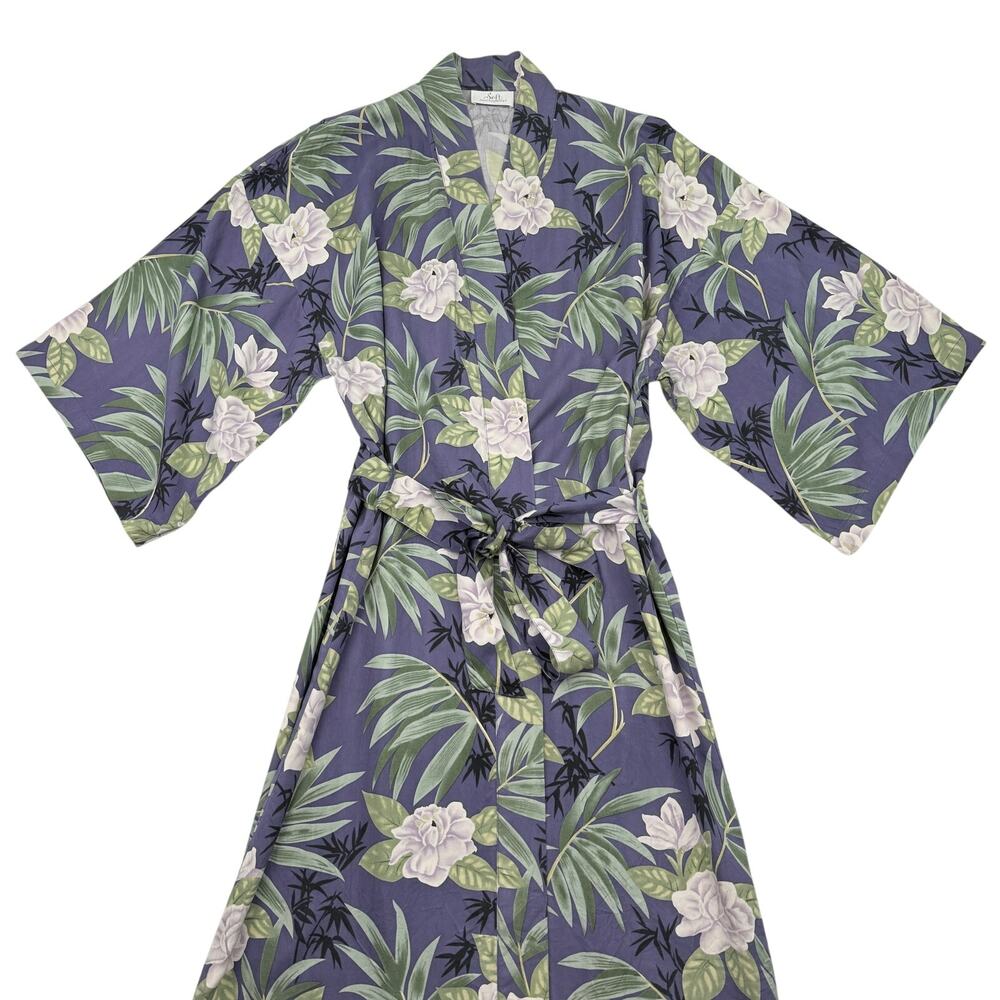 Soft Surroundings Silk Tropical Floral Robe Kimono Maxi Purple Green Size S